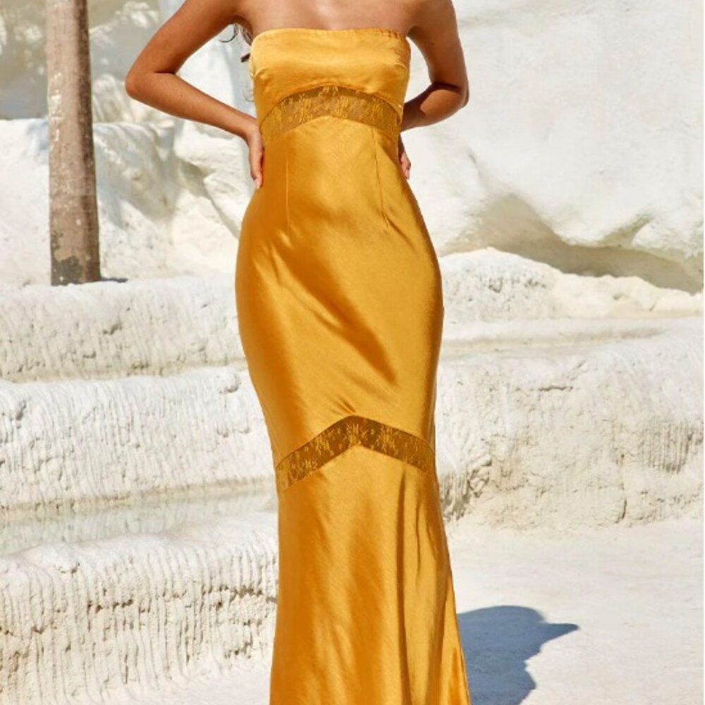 Runaway The Label | Orange Elegant Strapless Lace Maxi Dress